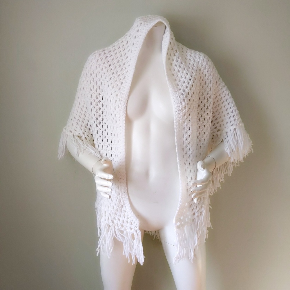 Vtg White Crochet Handknit Sweater Shawl Scarf - Picture 2 of 3